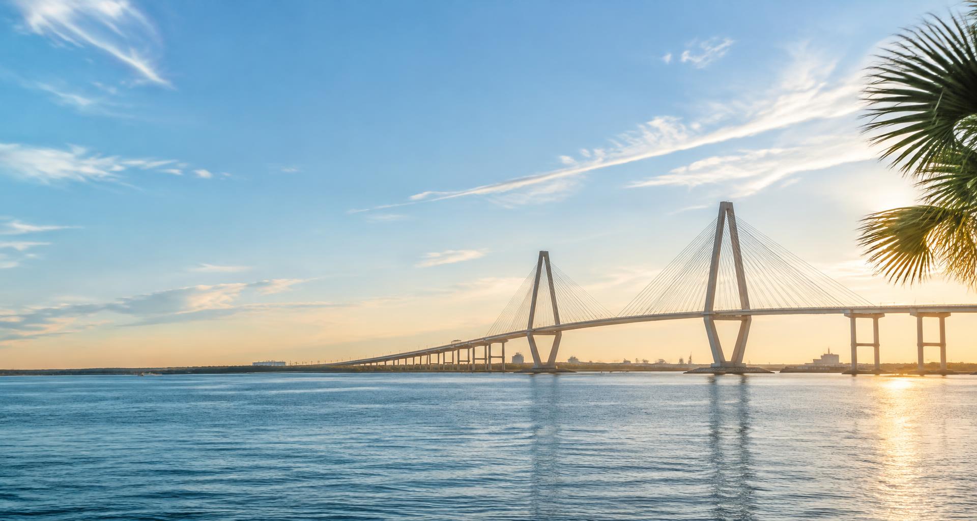 Charleston waterfront and the Ravenel Bridge in South Carolina