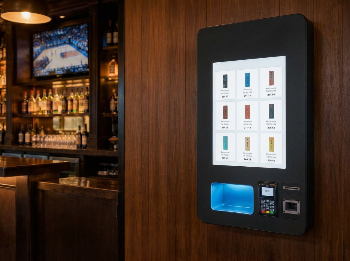 Vape vending machine installed in a boutique hotel lobby