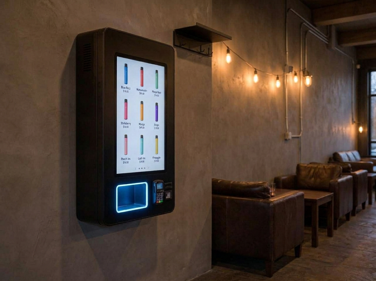 Vape vending machine installed in a modern lounge corridor